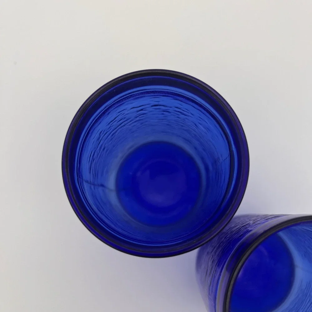 Vintage Cobalt Blue Textured Bark Glass Tumblers Set of 2 Drinking Glasses
